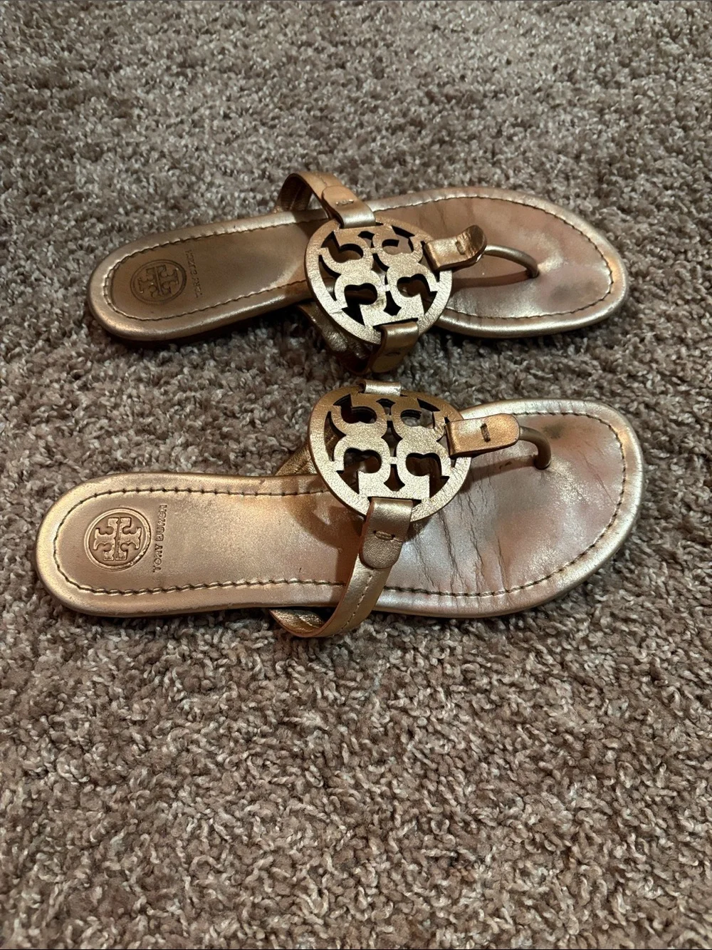 Tory Burch Miller Metallic Rose Gold Logo Thong Sandals